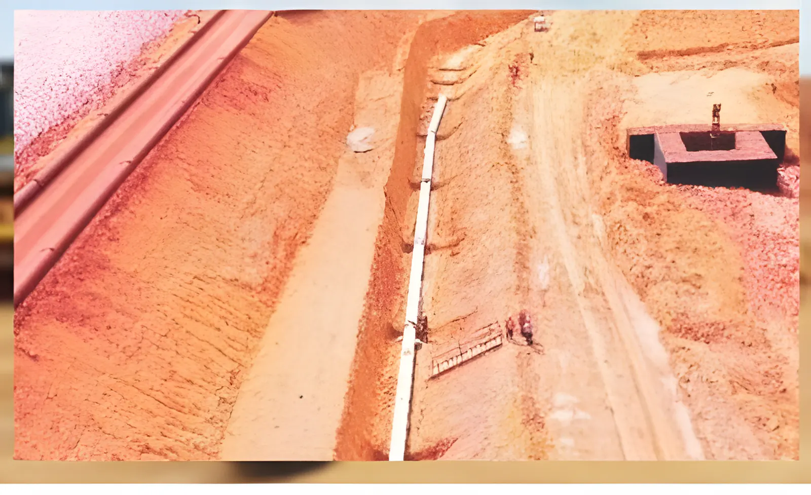 Vista aérea de canal escavado com tubulação assentada ao longo do talude e caixa de concreto ao lado